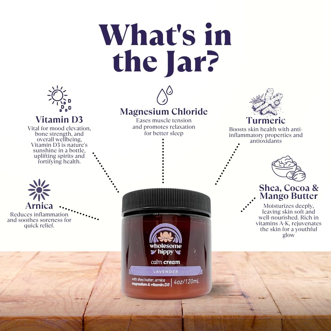 Calm Body Cream with Magnesium, Arnica & Vitamin D3 – Lavender Scented – Nourishing Botanical Moisturizer with Shea, Turmeric & Aloe – 4oz