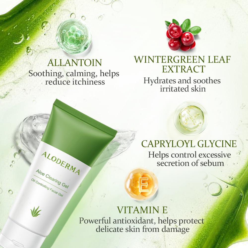 Aloderma Aloe Clearing Gel for Clear Complexion with 90% Organic AloeVera - Moisturizing, Oil Controlling Facial Lotion with Allantoin, Wintergreen Extract - Soothing, Skin Calming Aloe Gel, 2.8oz