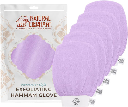 Natural Elephant Exfoliating Hammam Glove | Authentic Moroccan Kessa Body Scrub Mitt for Spa-Quality Skin Renewal | Lovely Lilac 5 Pack