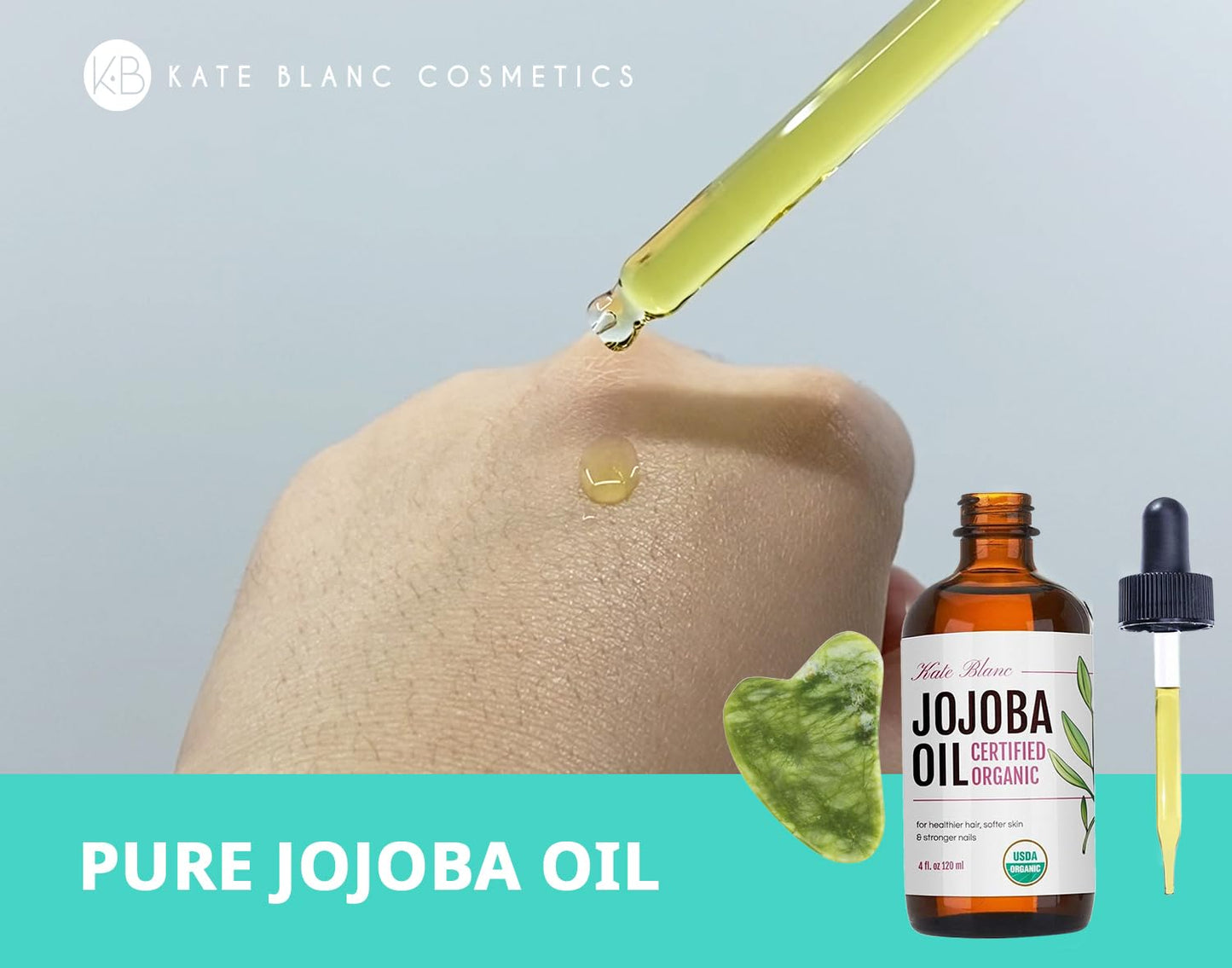 Kate Blanc Cosmetics Jojoba Oil for Hair, Skin & Face with Gua Sha Stone Kit. Gua Sha Oil for Face Massage (4oz, Organic, 100% Pure, Natural)