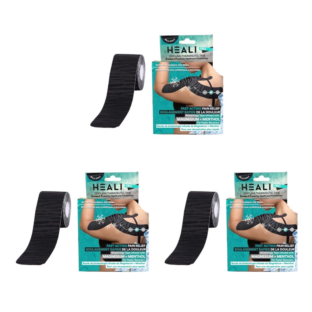 Heali Kinesiology Tape 3 Pack, Magnesium & Menthol Infused, Elastic Sports Tape, Shoulder, Knee, Elbow, Ankle, Waterproof, Latex Free, Muscle Recovery, K Tape, Black Zebra