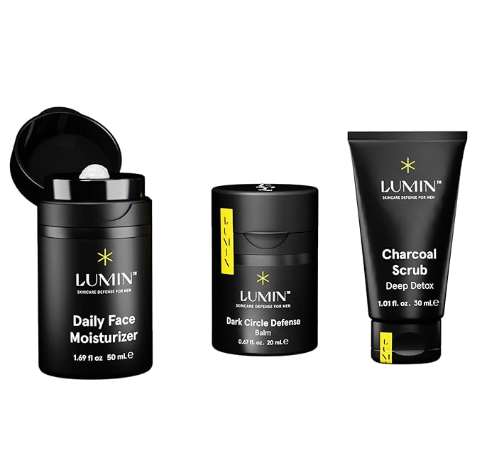 Lumin Boss Trio Skincare Set for Men – Face Scrub, Eye Balm & Daily Moisturizer Kit, Korean Skincare Routine for Men.