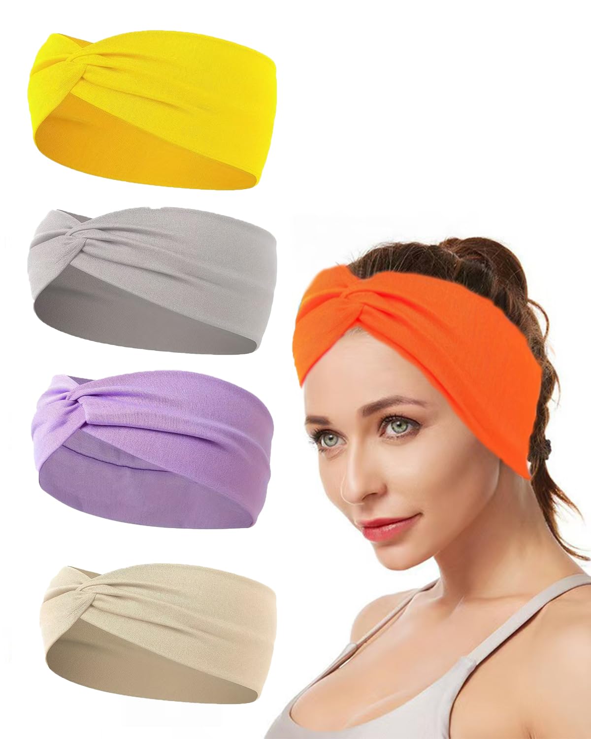 10 Pcs Wide Absorbent Sport Headbands for Women, Non-slip, Stretchy, Soft Cotton Twist Knotted Hair Bands for Daily Workout Yoga Running Sports, AA