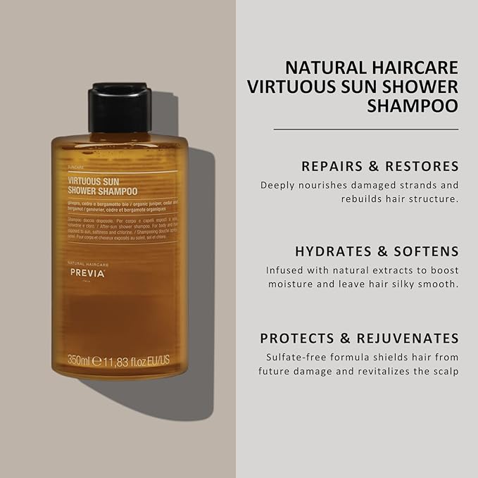 PREVIA Virtuous Sun Shower Shampoo | 2-in-1 Hair & Body Wash with Organic Juniper, Cedar & Bergamot | After-Sun Cleanser for Salt & Chlorine Removal | Vegan, Eco Bio Formula | 12 oz