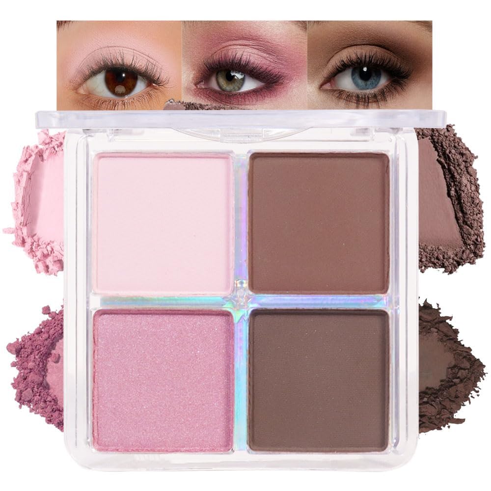 Powder Eyeshadow Quad, Rose Pink Chocolate Brown Shimmer Eye Shadow Palette Makeup, Neutral Vegan Matte Quads Eye Shadow Palette for Older Women Pigmented Waterproof, paleta de sombras de ojos