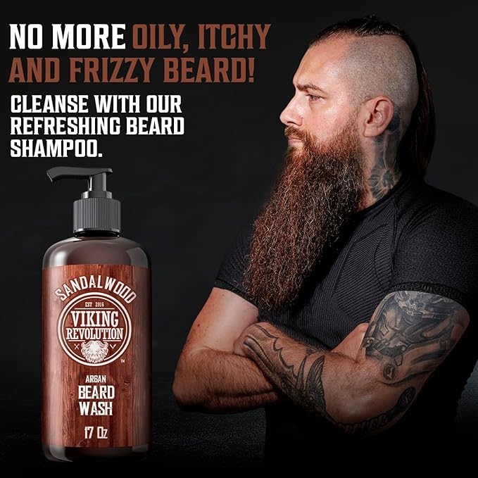 Viking Revolution Beard Wash Shampoo w/Argan & Jojoba Oils - Softens & Strengthens - Sandalwood Scent - 17 oz Shampoo (Pack of 2)