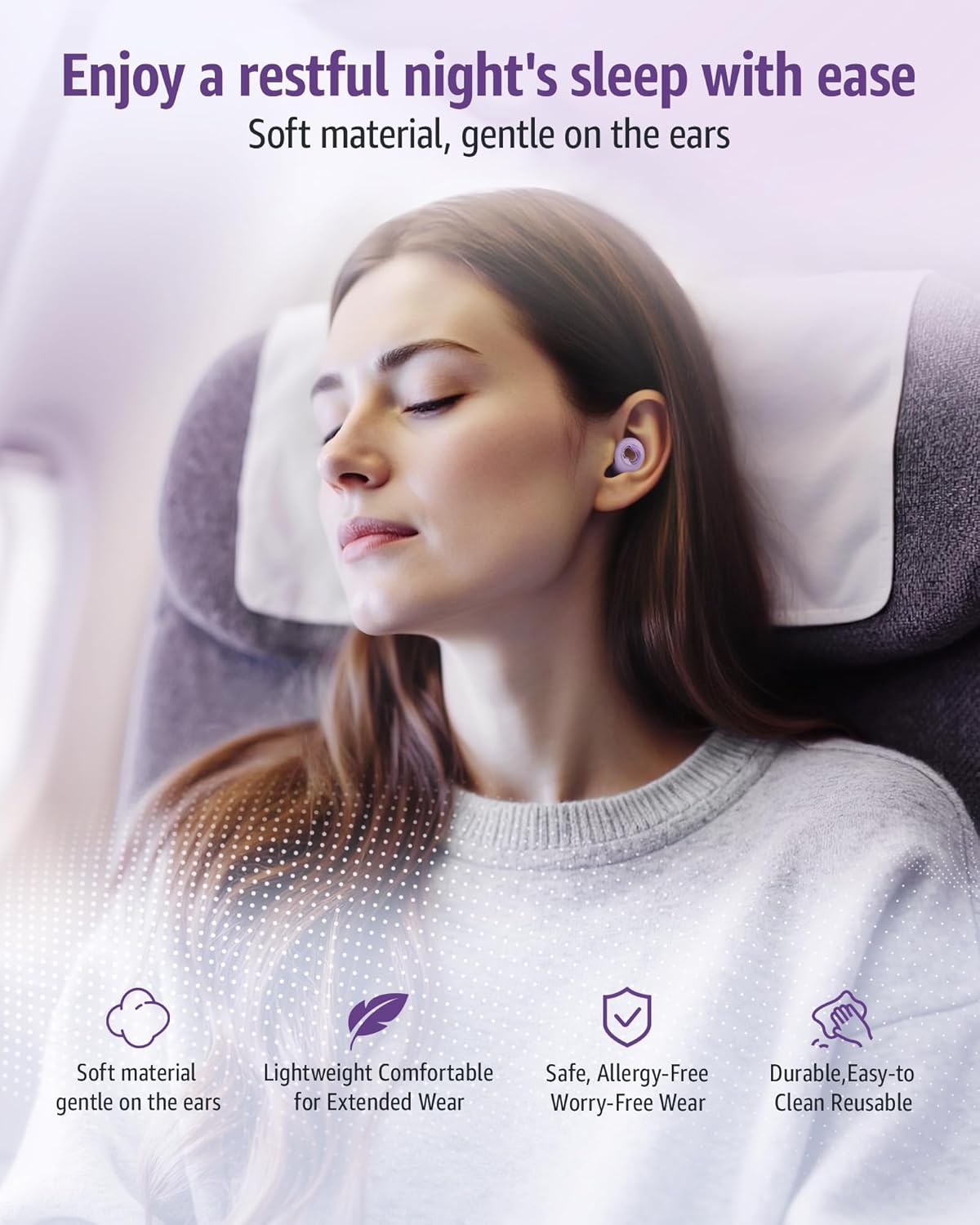 Ear Plugs for Sleeping 45DB Noise Cancelling: Ultra-Comfy Reusable Noise-Reducing Earplugs for Concerts & Travel & Snoring-Silicone Hearing Protection Earbuds with 8 Eartips- Purple