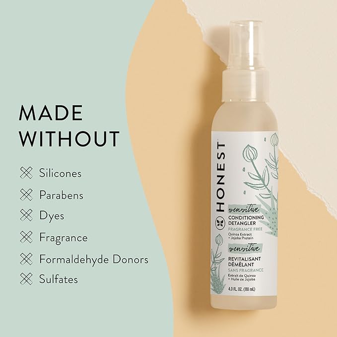 The Honest Company Fragrance-Free Conditioning Hair Detangler Tear-Free Hypoallergenic Leave-In Conditioner and Fortifying Spray for Sensitive Skin 4 fl oz (Pack of 3)