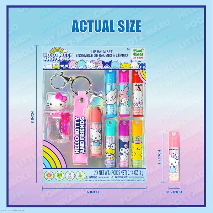 Townley Girl Hello Kitty and Friends 7 Pack Lip Balm with Keychain, Plant Based Lip Balm for Girls Kids