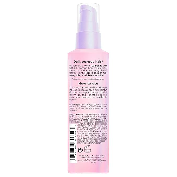 L'Oreal Paris Elvive Glycolic + Gloss High Shine Leave-In Hair Serum, Smooths Dull, Porous Hair Into High-Shine, Glossy Hair, 4.4 Fl Oz
