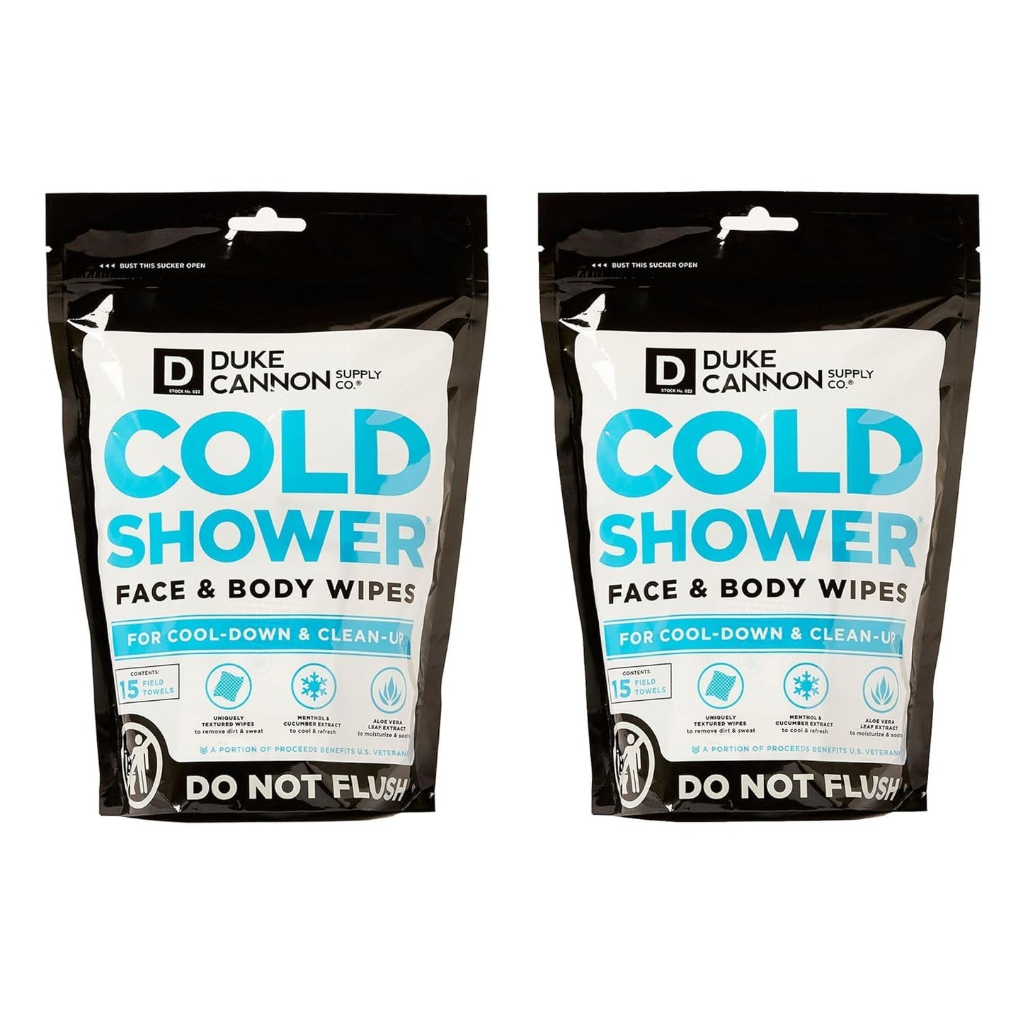 Duke Cannon Cold Shower Cooling Field Towels – Menthol Body Wipes for Men, No Rinse Face & Body Cleansing Wipes, 15 Individually Wrapped Towels (2 Pack)
