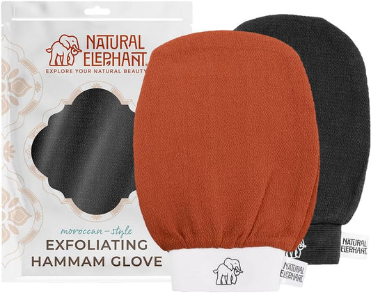 Natural Elephant Exfoliating Hammam Glove | Authentic Moroccan Kessa Body Scrub Mitt for Spa-Quality Skin Renewal | Pure Black and Burnt Orange Pack of 2