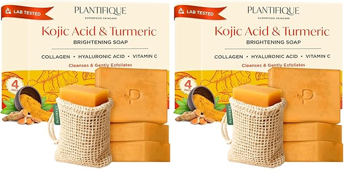PLANTIFIQUE Kojic Acid Soap for Hyperpigmentation 4 Bars with Mesh Bag - Turmenic Soap with Hyaluronic Acid, Collagen, Vitamin C for Dark Spots - Vegan Skincare, 320g / 11.28 oz (Pack of 2)