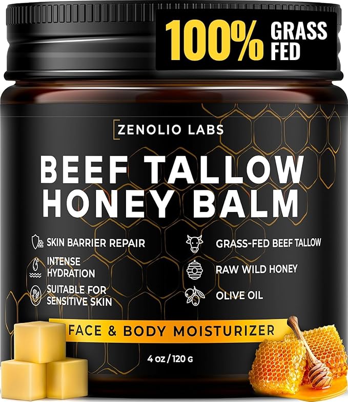 Organic Beef Tallow for Skin Face - Tallow and Honey Balm for Face - Whipped Grass-Fed Moisturizer with Raw Honey & Beeswax - Hydrating Body Cream for Dry, Cracked and Sensitive Skin