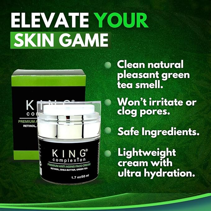 KING Complexion Mens Anti Aging Face Cream with Retinol – Organic Skin Care Face Moisturizer with Shea Butter – Non Greasy – Clean Ingredients, Lightweight – All Skin Types – Black Owned (1.7 oz)