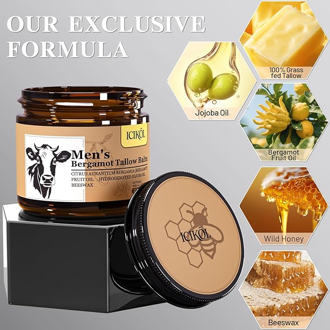 Grass-Fed Beef Tallow Balm for Men - Whipped Tallow Face Moisturizer & Beard Balm with Manuka Honey - Natural After Shave Care for Dry & Sensitive Skin, 2.1 oz