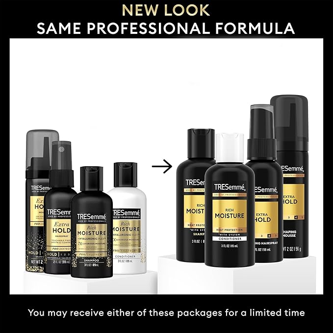 TRESemmé Travel Shampoo, Conditioner, Hairspray & Hair Mousse – Rich Moisture Hair Products + Non-Aerosol Hair Spray & Alcohol-Free Mousse, 24H Frizz Control (4 Piece Set)