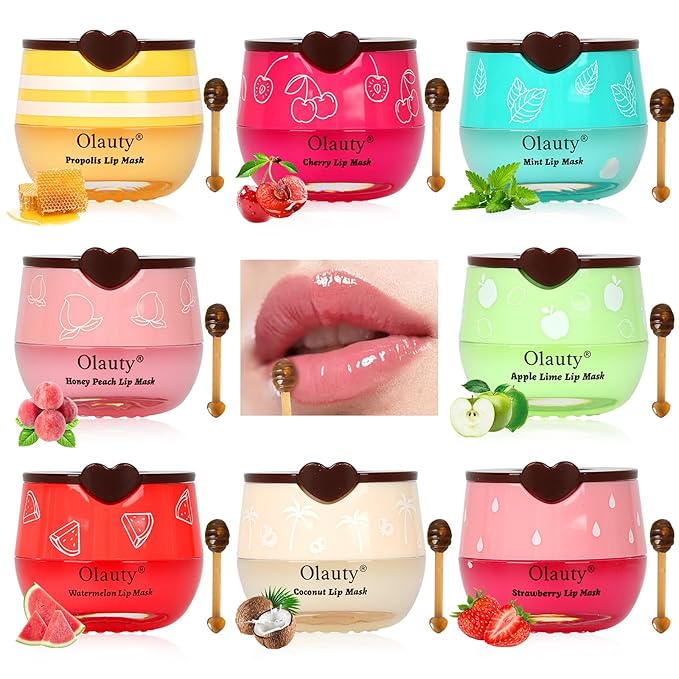8PCS Bee Lip Balm Lip Mask Honey Pot, Mothers Day Party Favors, Strawberry, Watermelon, Apple Lime, Cherry, Mint, Coconut, Peach, Moisturizing Honey Balm Bulk Gifts, Easter Basket Stuffers