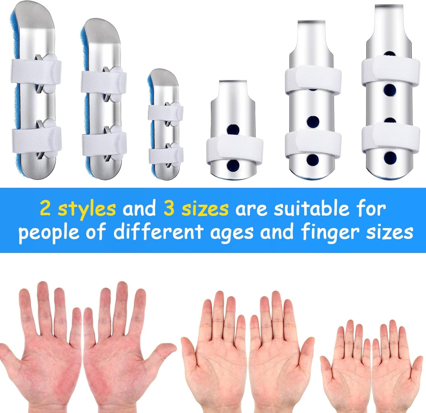 6 Pcs Finger Splint Metal Support Finger Brace Arthritis Knuckle Immobilization with Soft Foam Inner Band and Protective Vent for Adults and Children, 2 Styles, Different Sizes(Blue)