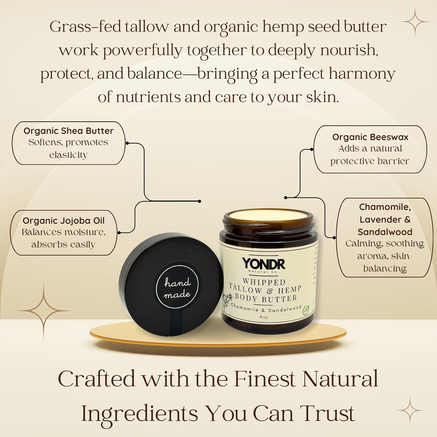 Tallow & Hemp Body Butter – Whipped Grass‑Fed Tallow + Hemp Seed Butter – Calming Chamomile/Sandalwood/Lavender – Deep Hydration for Dry & Sensitive Skin (2 oz)