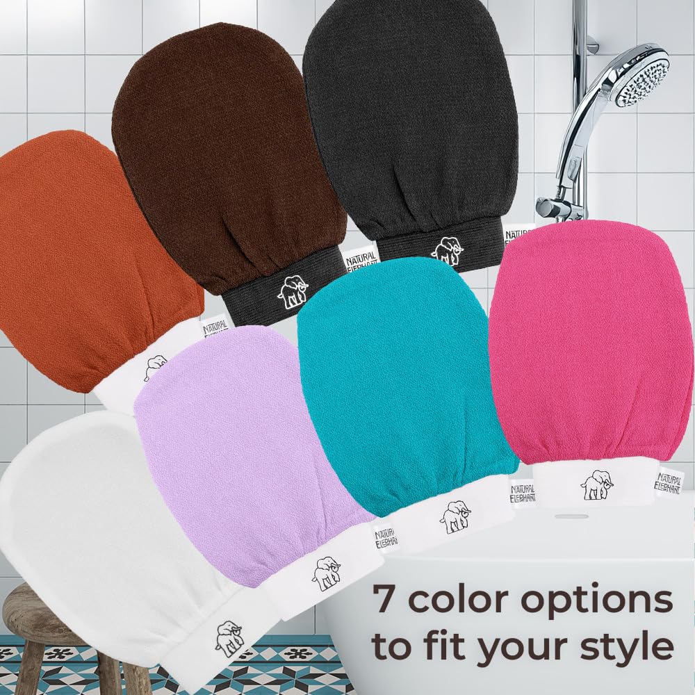 Natural Elephant Exfoliating Hammam Glove - Face and Body Exfoliator Mitt 5 and 10 Packs (1 Black, 1 Brown, 1 Lilac, 1 Teal, 1 Pink (Pack of 5))