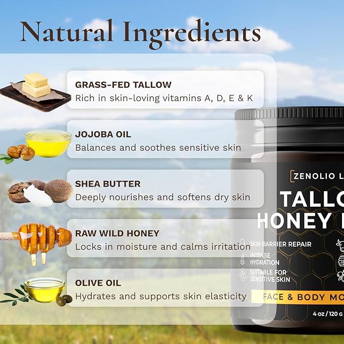 Organic Beef Tallow for Skin Face - Tallow and Honey Balm for Face - Whipped Grass-Fed Moisturizer with Raw Honey & Beeswax - Hydrating Body Cream for Dry, Cracked and Sensitive Skin