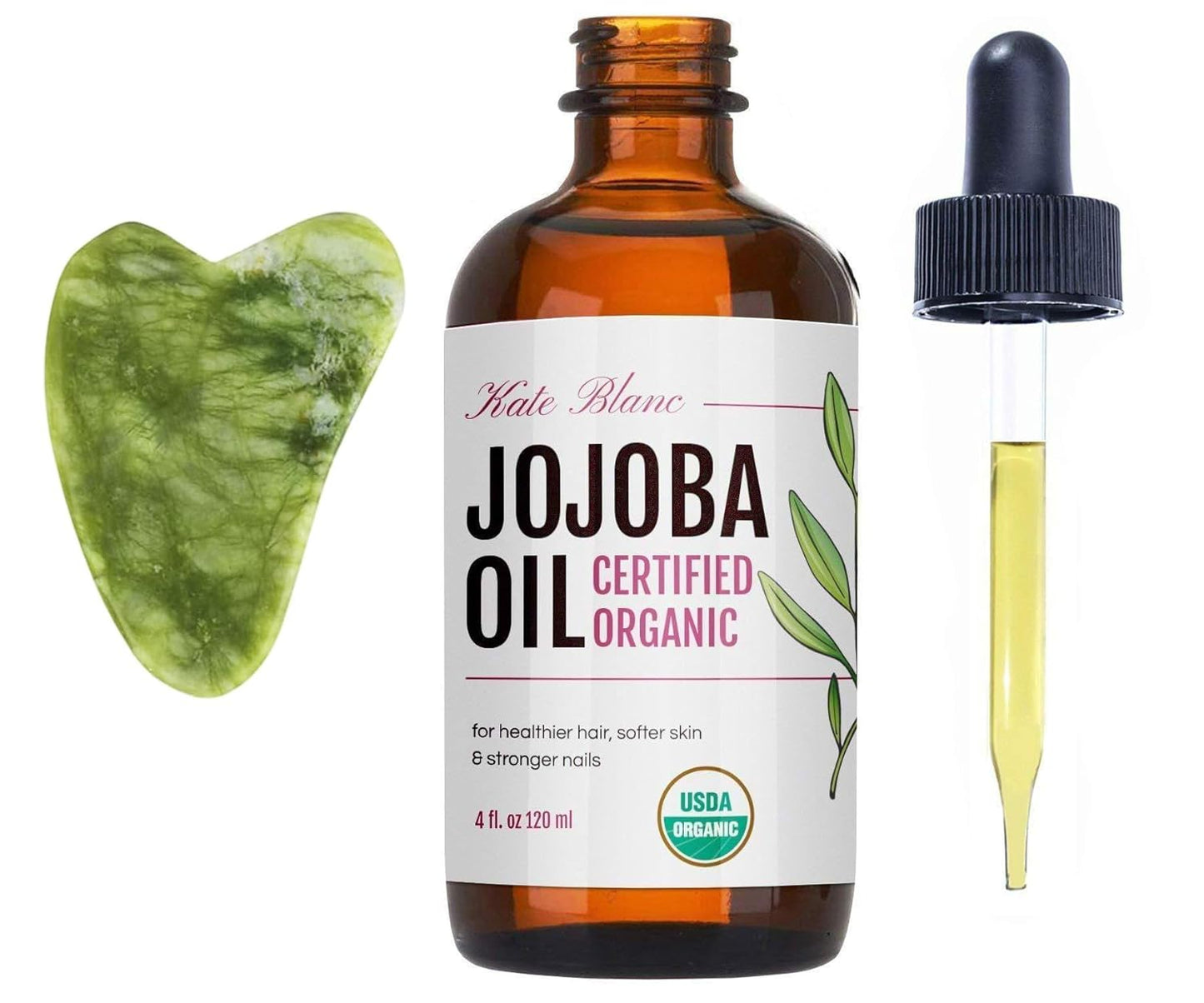 Kate Blanc Cosmetics Jojoba Oil for Hair, Skin & Face with Gua Sha Stone Kit. Gua Sha Oil for Face Massage (4oz, Organic, 100% Pure, Natural)