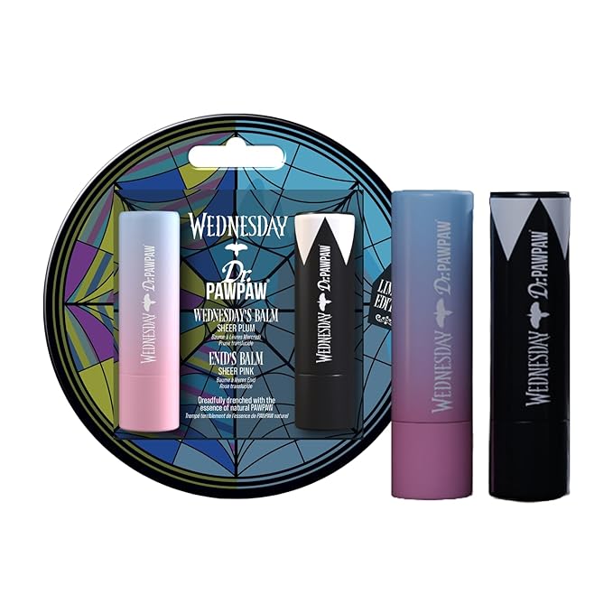 Dr. PawPaw Wednesday Ophelia Hall Lip Balm Set - Sheer Plum, Sheer Pink - Natural Balm with Aloe Vera - Hydrating Gluten Free Lip Moisturizer - 2 pc