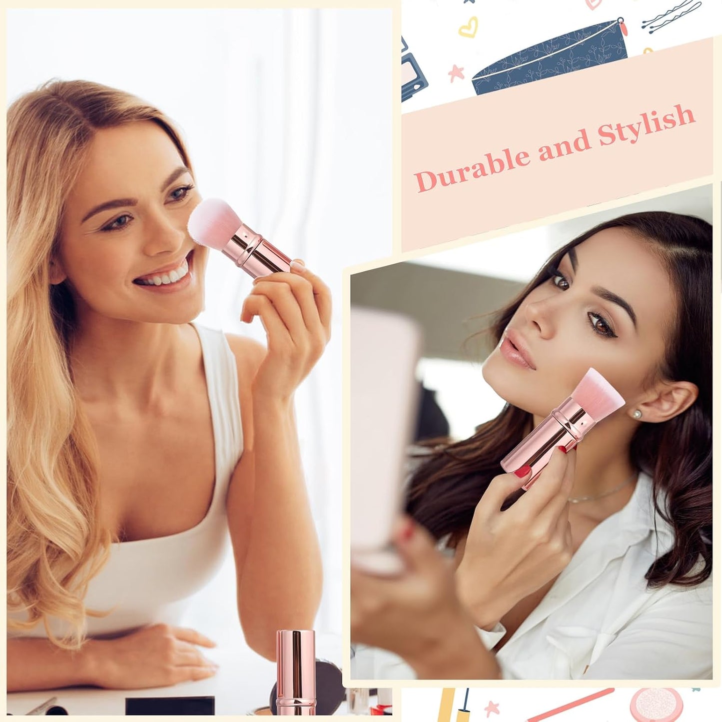 Makeup Brush 2 Pack, Retractable Travel Kabuki Powder Foundation Makeup Brush Face Blush Brushes for Blending Liquid, Blush, Bronzer, Buffing, Sunscreen,Flawless Cosmetics