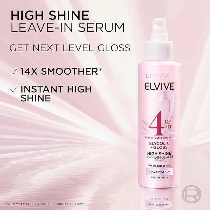 L'Oreal Paris Elvive Glycolic + Gloss High Shine Leave-In Hair Serum, Smooths Dull, Porous Hair Into High-Shine, Glossy Hair, 4.4 Fl Oz
