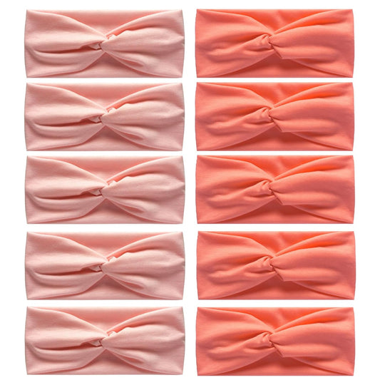 10 Pcs Wide Absorbent Sport Headbands for Women, Non-slip, Stretchy, Soft Cotton Twist Knotted Hair Bands for Daily Workout Yoga Running Sports, Pink