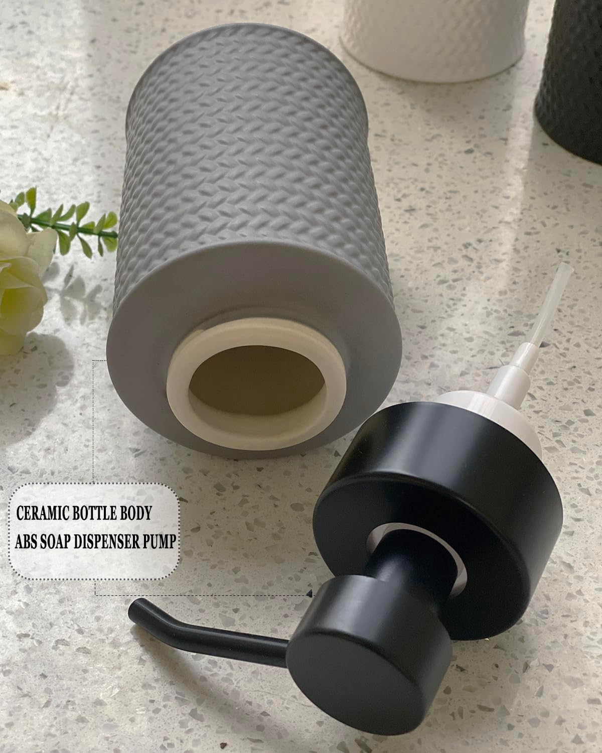 10 Oz Foaming Soap Dispenser for Bathroom,Kitchen Foam Soap Dispenser,Refillable Modern Foam Pump Bottle,Black Ceramic Foaming Hand Pump Dispenser (Grey Weave)