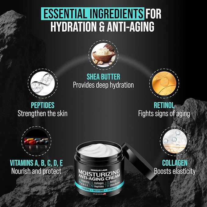 Mens Face Moisturizer Cream - Anti Aging & Wrinkle Face Cream - Mens Facial Moisturizer - Retinol, Collagen, Peptides, Vitamins E & A - Facial Skin Care - After Shave Lotion - Day & Night – 4 oz