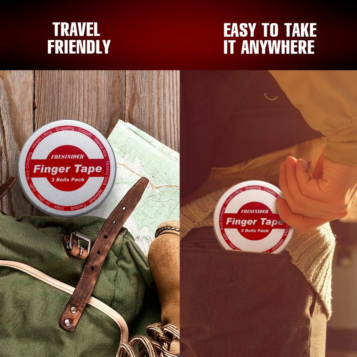 Finger Tape - Strong Athletic Tape | 0.3” x 45 Feet (9 Pack) Tin Set | No Sticky Residue | for Rock Climbing, BJJ Jiu Jitsu, Grappling, Judo, MMA, Rock Climbing and Martial Arts (Black)