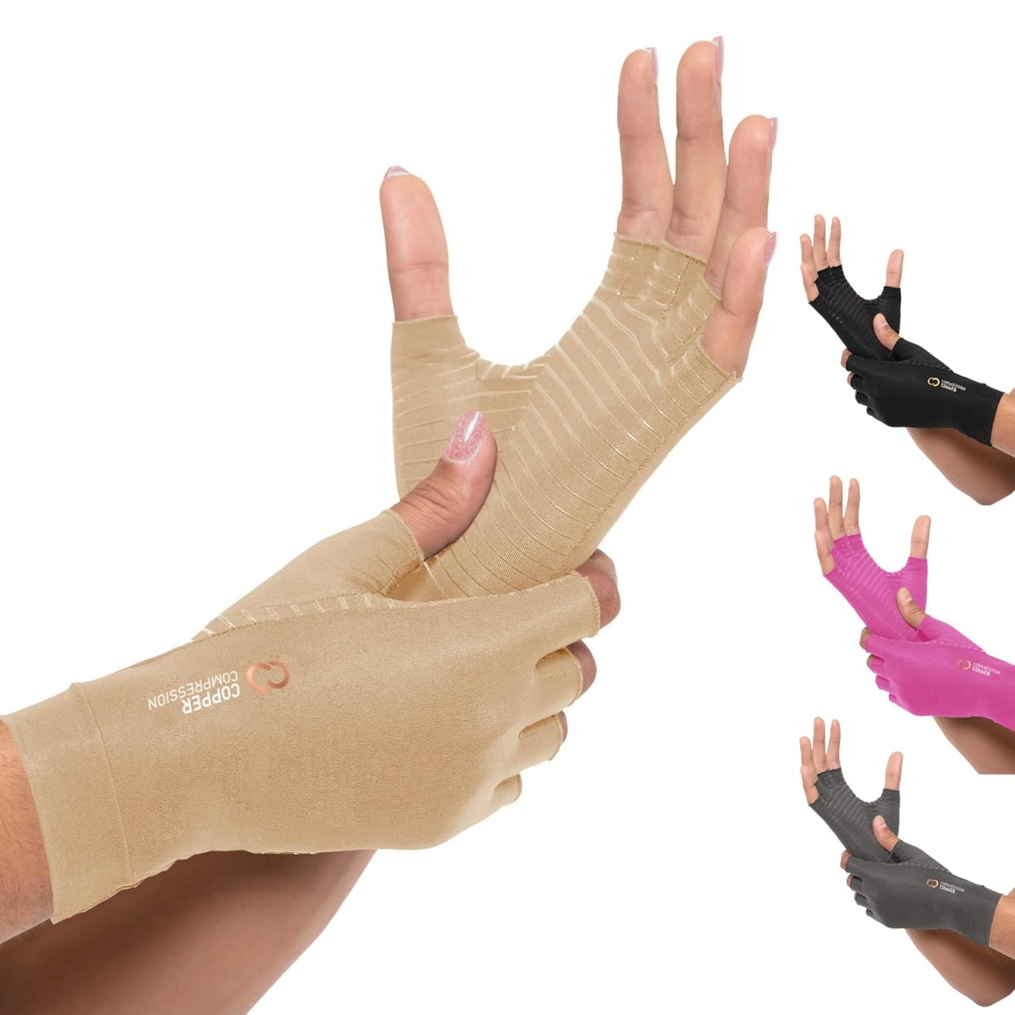 Copper Compression Arthritis Gloves | Fingerless Arthritis Carpal Tunnel Pain Relief for Men & Women | Hand Support Wrist Brace for Neuropathy, Rheumatoid, Tendonitis, Swelling, Crocheting Nude (M)