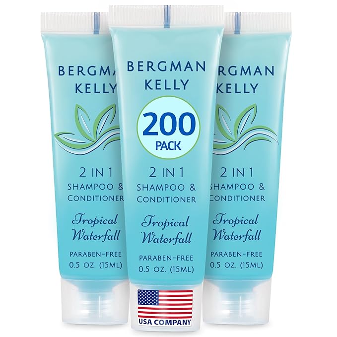 Bergman Kelly - Travel Size 2 in 1 Shampoo & Conditioner - 0.5 fl oz, 200 PK, Tropical Waterfall - Delight Your Guests w/Invigorating & Refreshing Shampoo Amenities - Small Hotel Toiletries in Bulk
