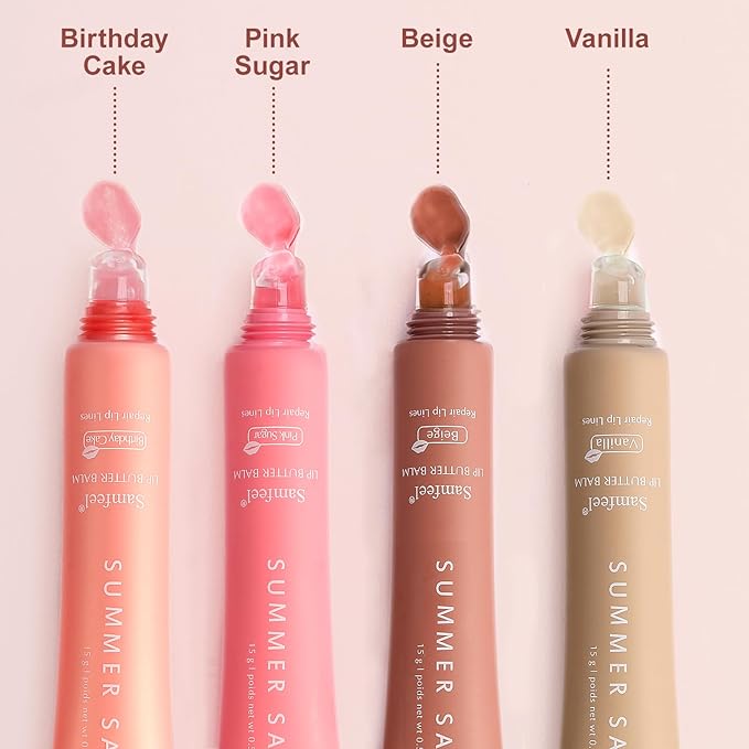 4 Pack Summer Samfeel Lip Balm Tinted Lip Butter Balm Gift Set -Conditioning Vegan Lip Balm for Instant Moisture, Shine & Hydration - Lip Gloss Lip Care (Pink Sugar+Birthday Cake+Vanilla+Beige, 15g)