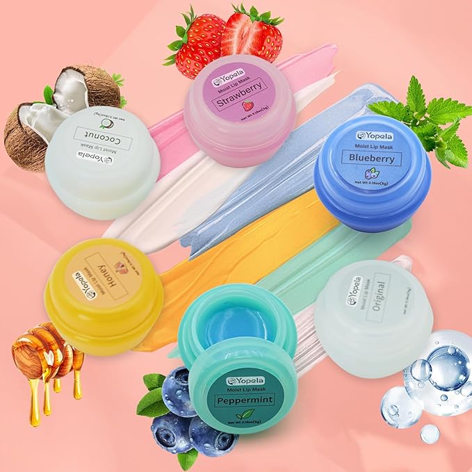 6 Pack Cute Lip Mask Sleeping Overnight for Dry Lips with Coconut Oil and Beeswax -Smoothing Hydrating Softening Plumoing Moisturizing with Small Lip Brush 6 Flavors Valentine's Gift for Women 0.18 Oz