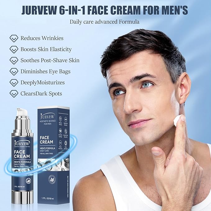 6-in-1 Face Cream for Men - Anti-Aging Moisturizer with Hyaluronic Acid & Niacinamide, Reduces Wrinkles, Dark Spots, Under Eye Bags, For Dry Skin, Daily Hydrating Face & Eye Treatment (Unscented)