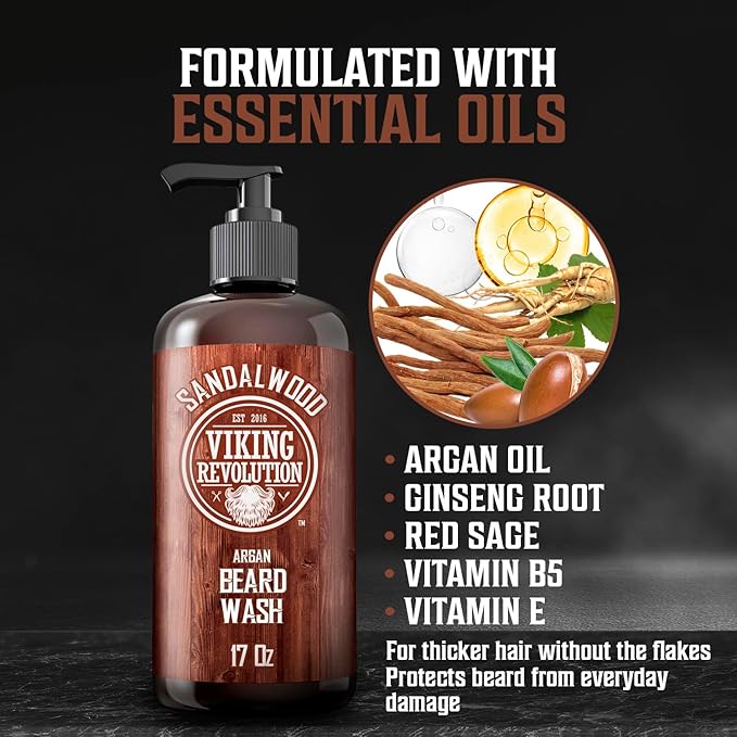 Viking Revolution Beard Wash Shampoo w/Argan & Jojoba Oils - Softens & Strengthens - Sandalwood Scent - 17 oz Shampoo (Pack of 2)