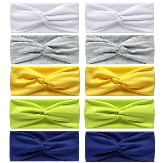 10 Pcs Wide Absorbent Sport Headbands for Women, Non-slip, Stretchy, Soft Cotton Twist Knotted Hair Bands for Daily Workout Yoga Running Sports, BF