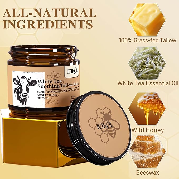 White Tea Grass-Fed Beef Tallow Balm for Men - Whipped Tallow Face Moisturizer & Beard Balm with Manuka Honey - Natural After Shave Care for Dry & Sensitive Skin, 2.1 oz
