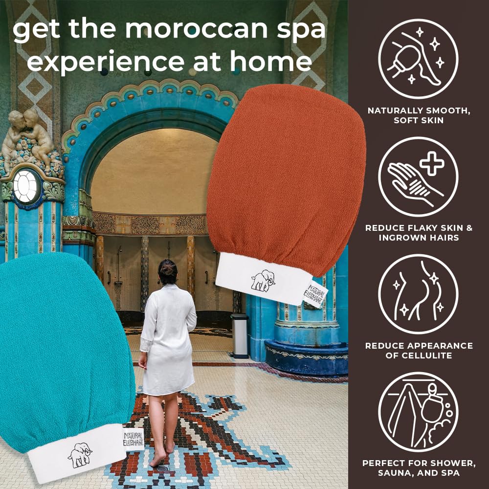 Natural Elephant Exfoliating Hammam Glove - Face and Body Exfoliator Mitt 5 and 10 Packs (2 Teal, 2 Lilac, 1 Pink (Pack of 5))