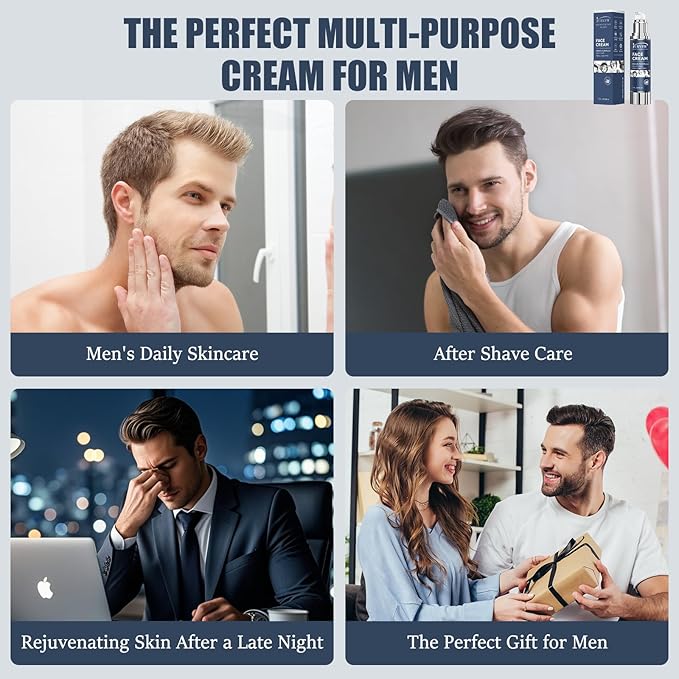 6-in-1 Face Cream for Men - Anti-Aging Moisturizer with Hyaluronic Acid & Niacinamide, Reduces Wrinkles, Dark Spots, Under Eye Bags, For Dry Skin, Daily Hydrating Face & Eye Treatment (Unscented)