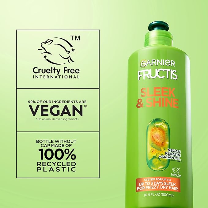 Garnier Fructis Sleek and Shine Intense Smooth Leave In Conditioner, Conditioning Hair Cream for Frizzy, Dry Hair, Plant Keratin + Argan Oil, Value Size, 16.9 Fl Oz