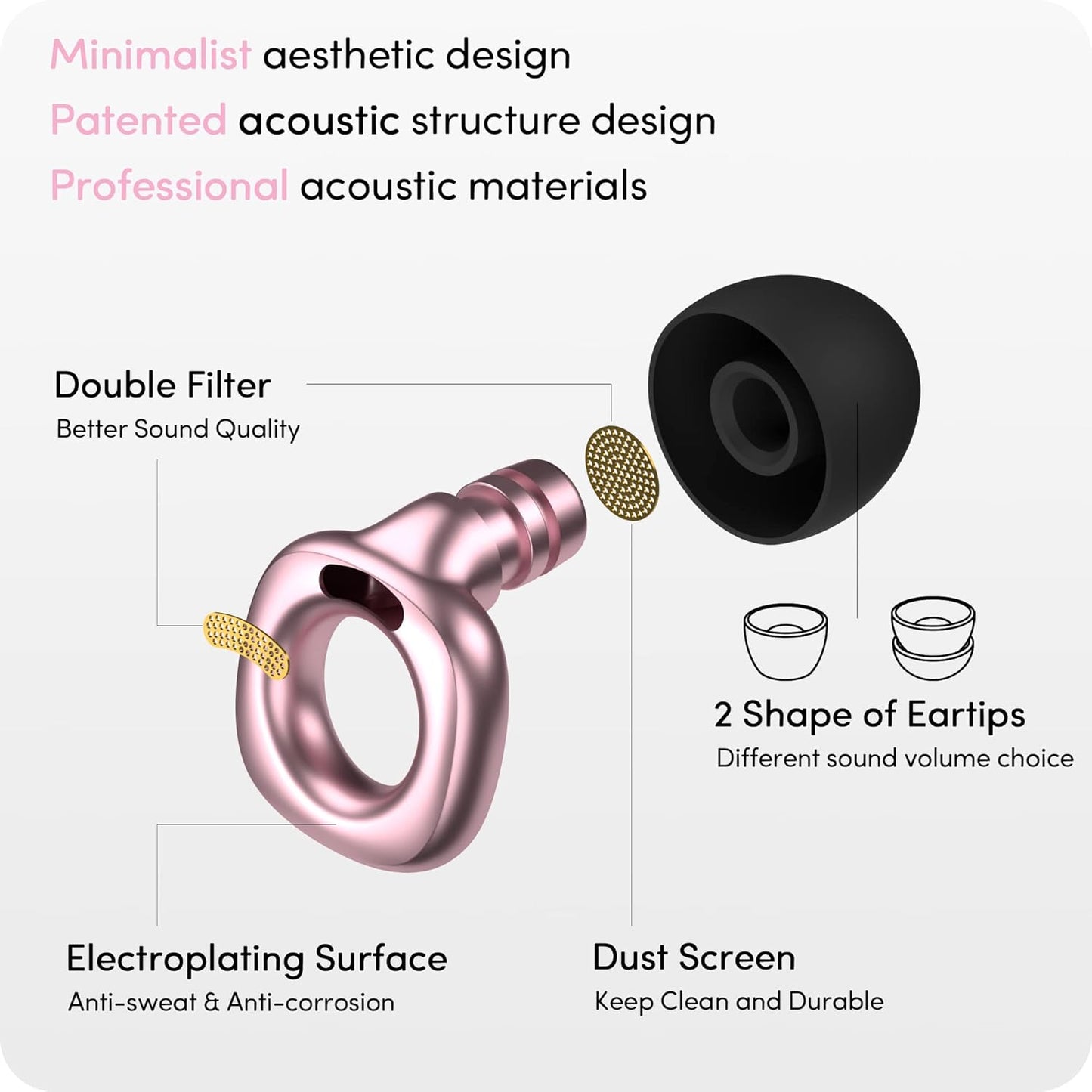 Audree Style Ear Plugs for Noise Reduction, Reusable High Fidelity Earplugs for Concerts, Musicians, Motorcycles, Study, Parent, Party, Flights & Noise Sensitivity, 18-29dB Noise Cancelling, Pink