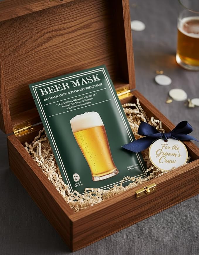 Bachelor Party Pack – 4 Beer Inspired Sheet Masks for Men, Funny Groomsmen Gift, Bachelor Party Favors, Men’s Hydrating Face Mask