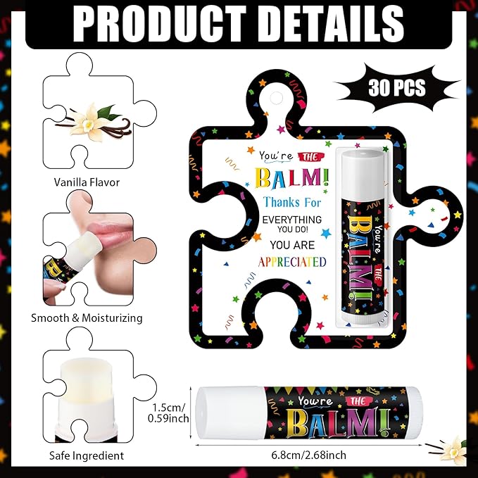 30 Pack Employee Teacher Appreciation Gifts Bulk Lip Balm Teacher Employee Staff Team Thank You Gift You're the Balm Volunteer Nurse Appreciation Party Favor for Women Men Coworker Birthday