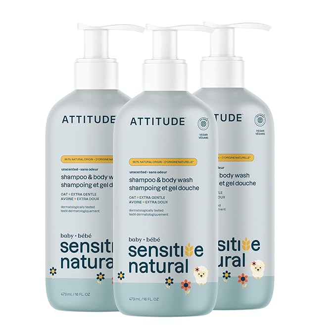 ATTITUDE Baby 2-in-1 Shampoo and Body Wash, EWG Verified, Plant- and Mineral-Based Ingredients, Vegan Products for Sensitive Skin, Unscented, 16 Fl Oz (Pack of 3)