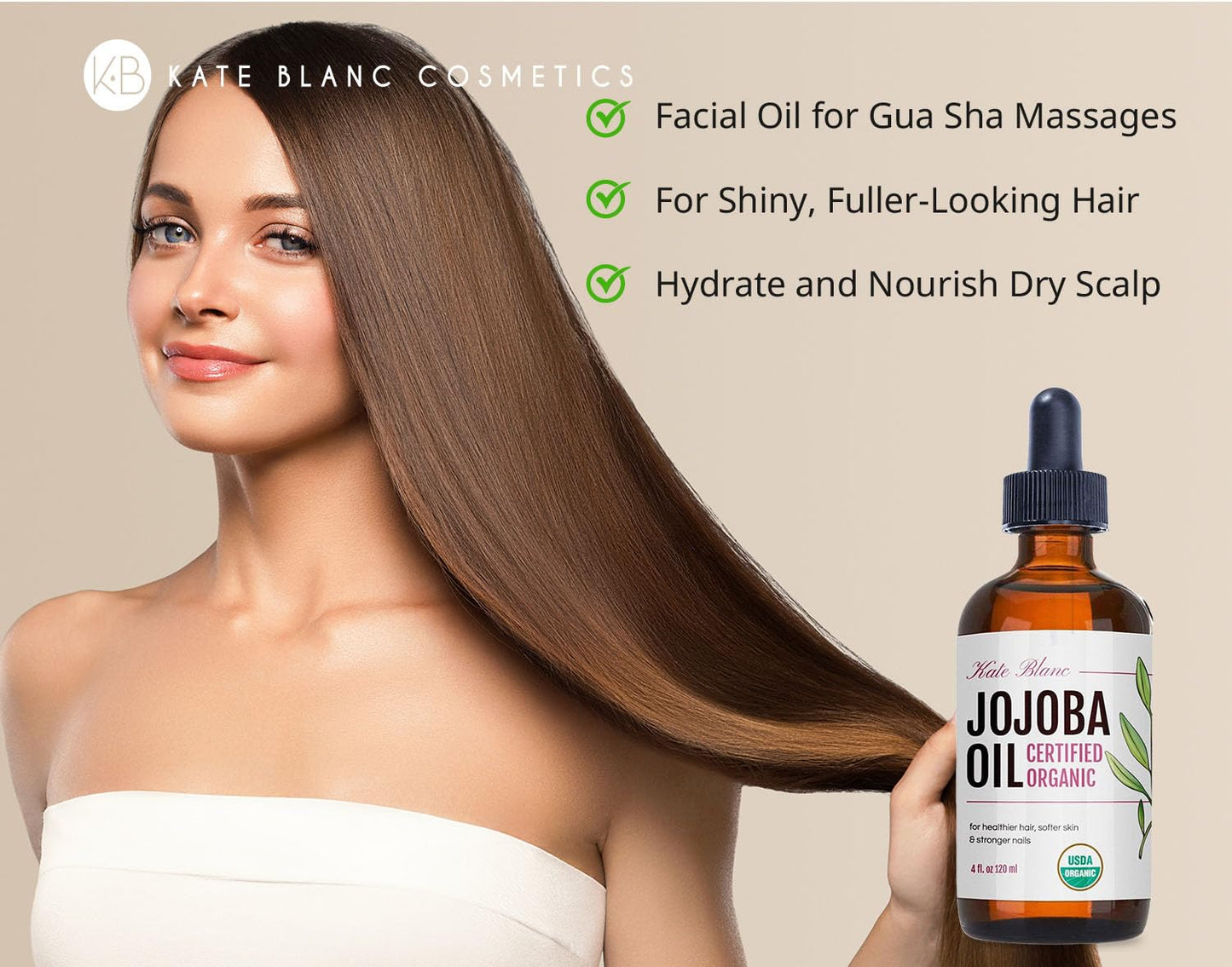 Kate Blanc Cosmetics Jojoba Oil for Softer Hair & Smoother Skin. Gua Sha Oil for Face & Dermaplaning (4oz, Organic, 100% Pure, Natural)